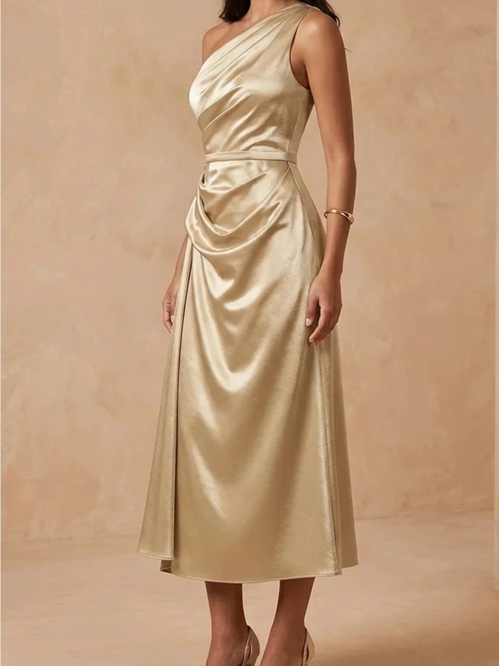 One-Shoulder Gold Satin Midi Dress